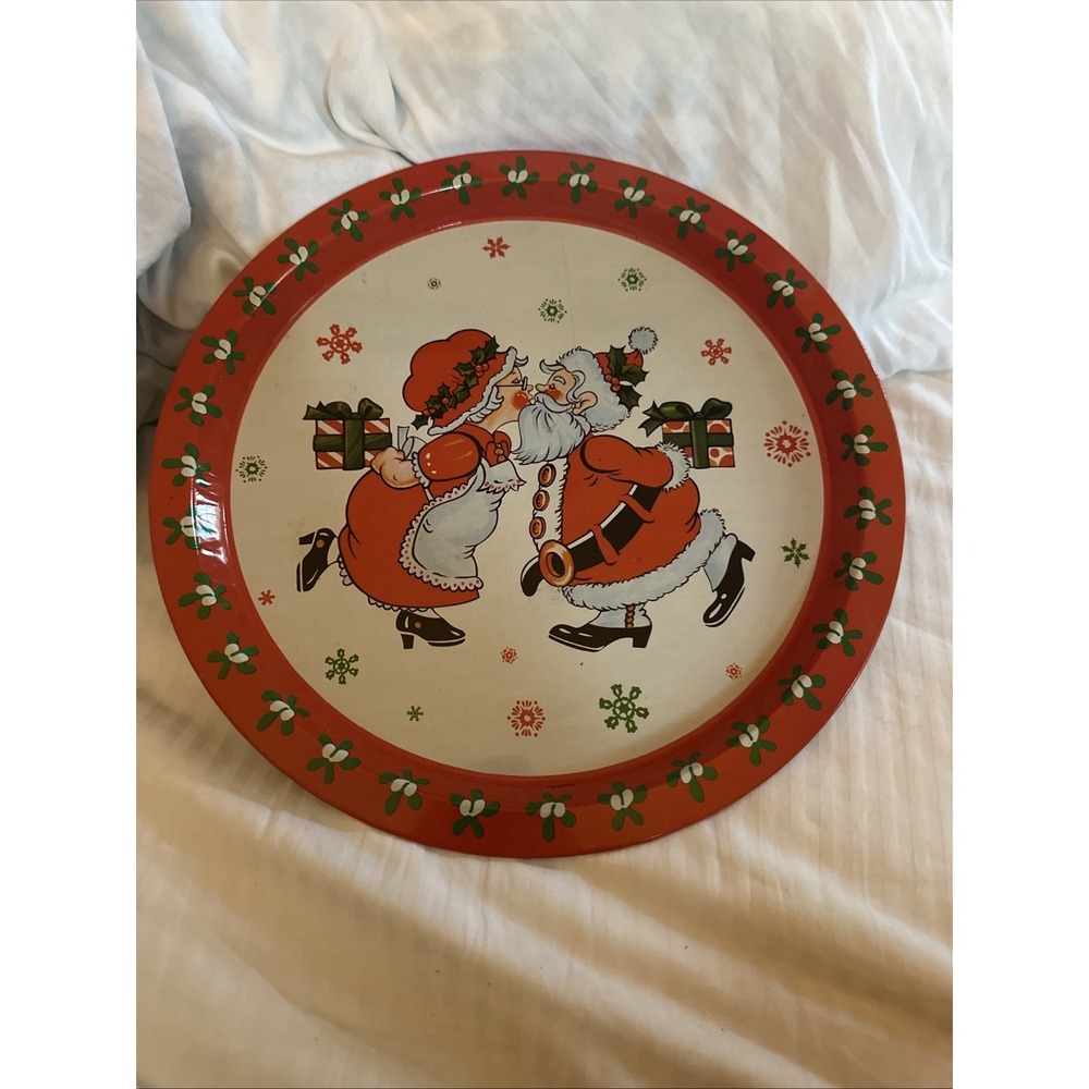 Vintage Etin Christmas Large Tin Serving Tray Santa Claus Kissing Mrs Claus